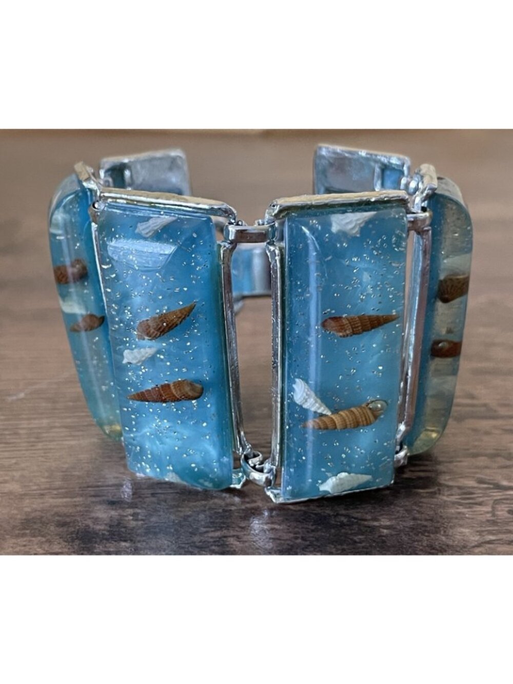 Vintage 1950s Panel Bracelet Blue Confetti Lucite Seashells Silver Tone Wide - Picture 13 of 16